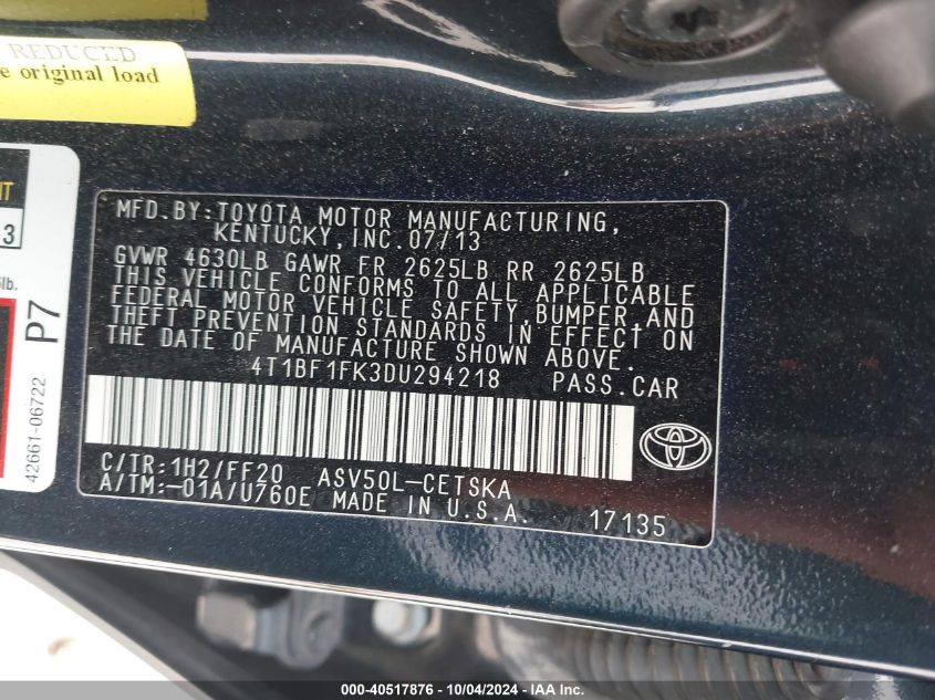 4T1BF1FK3DU294218 2013 Toyota Camry Se