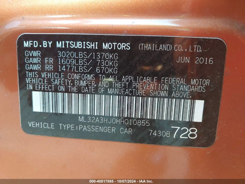 2017 Mitsubishi Mirage Es VIN: ML32A3HJ0HH010855 Lot: 40517885