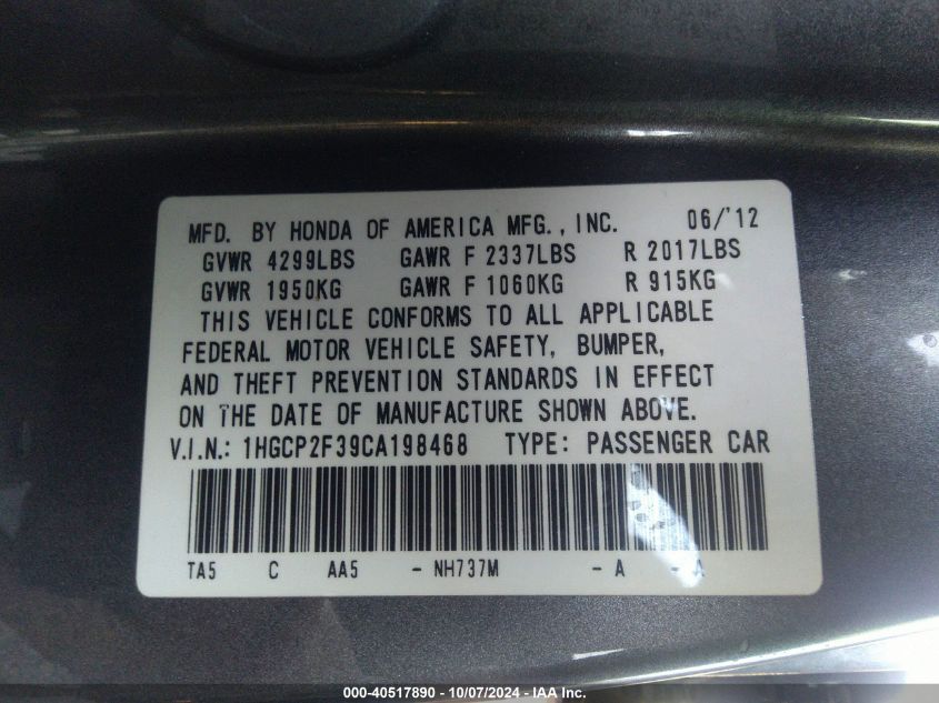 1HGCP2F39CA198468 2012 Honda Accord Lx