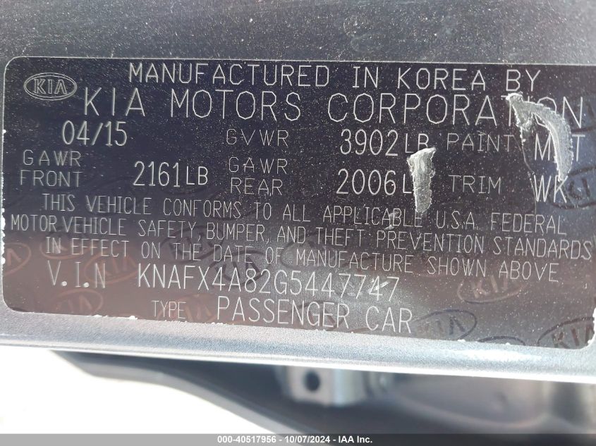 KNAFX4A82G5447747 2016 Kia Forte Ex