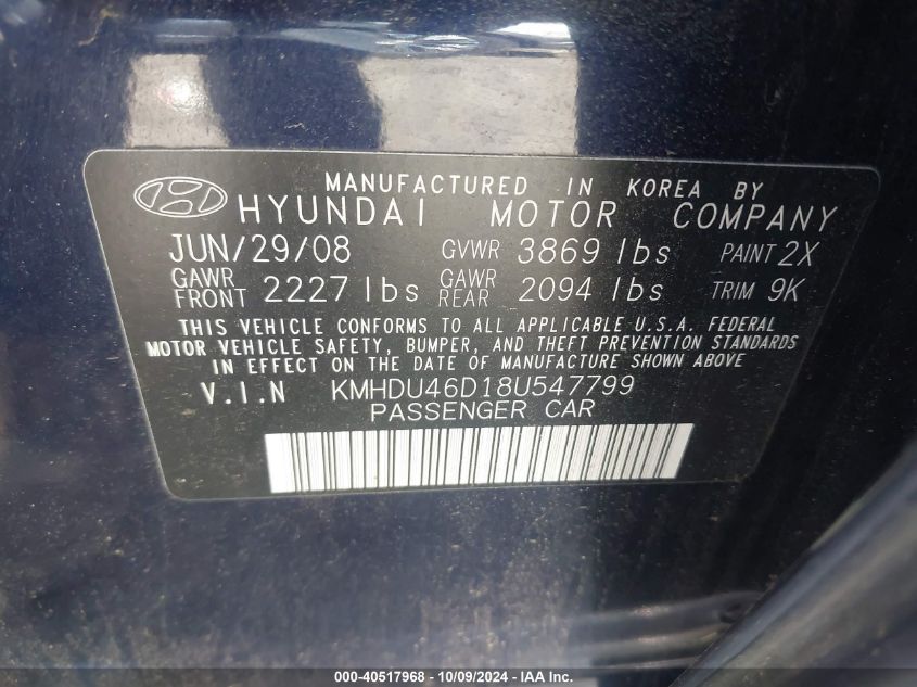 2008 Hyundai Elantra Gls/Se VIN: KMHDU46D18U547799 Lot: 40517968