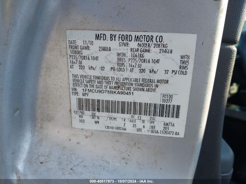 1FMCU9D78BKA90451 2011 Ford Escape Xlt