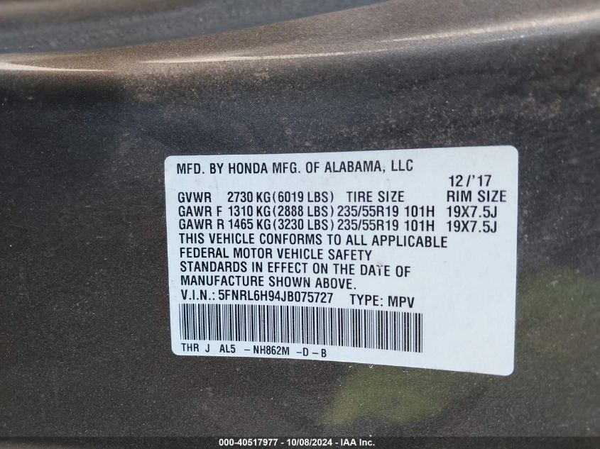 5FNRL6H94JB075727 2018 Honda Odyssey Elite