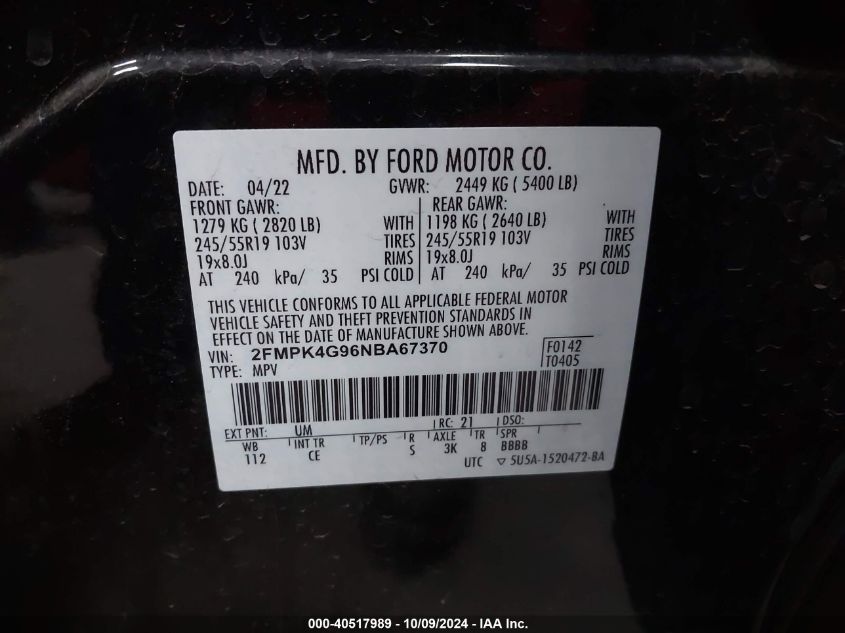 2022 Ford Edge Se VIN: 2FMPK4G96NBA67370 Lot: 40517989