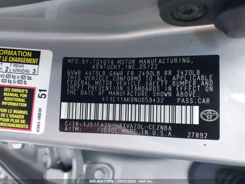 4T1C11AK9NU059432 2022 Toyota Camry Le