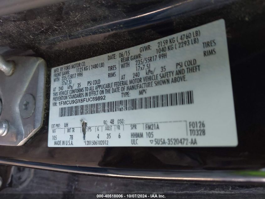 1FMCU9GX6FUC89892 2015 Ford Escape Se