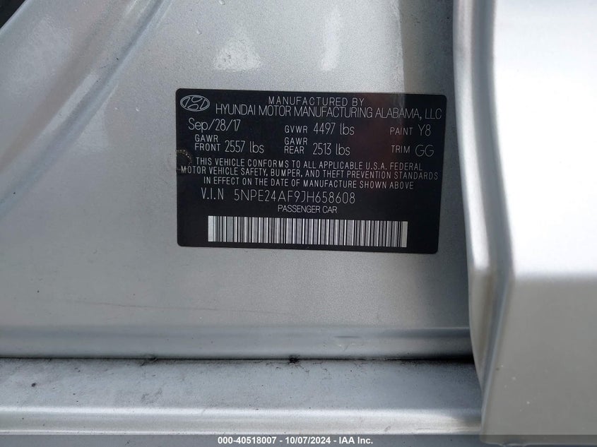 VIN 5NPE24AF9JH658608 2018 HYUNDAI SONATA SE