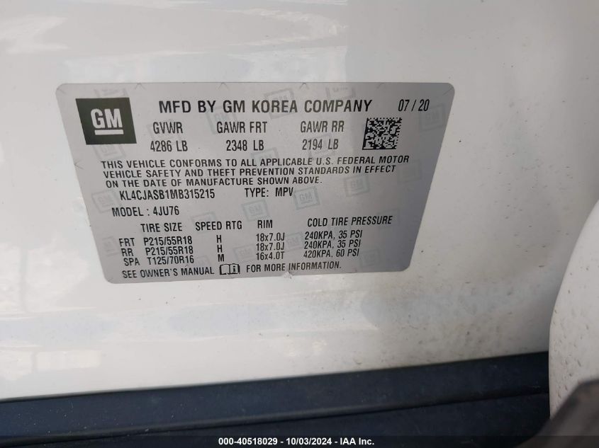 2021 Buick Encore Fwd Preferred VIN: KL4CJASB1MB315215 Lot: 40518029