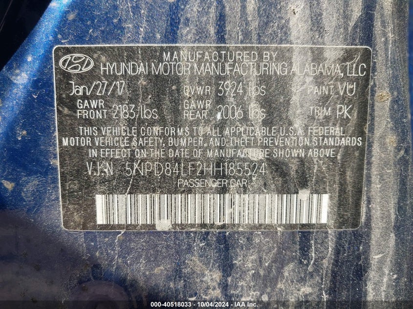 5NPD84LF2HH185524 2017 Hyundai Elantra Se