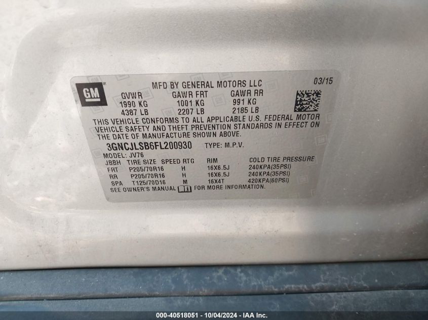 3GNCJLSB6FL200930 2015 Chevrolet Trax Lt