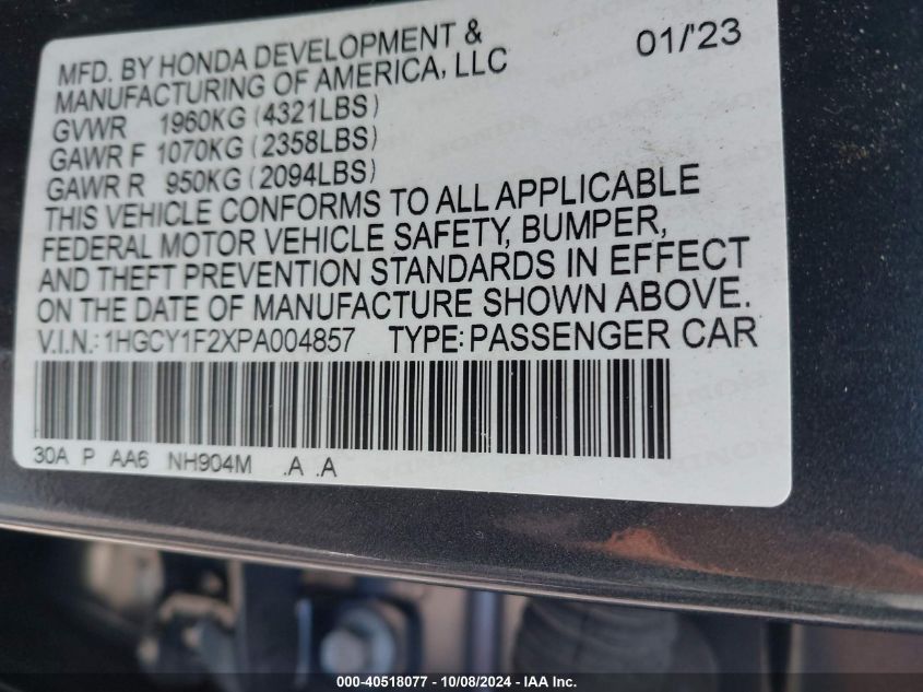 1HGCY1F2XPA004857 2023 Honda Accord Lx