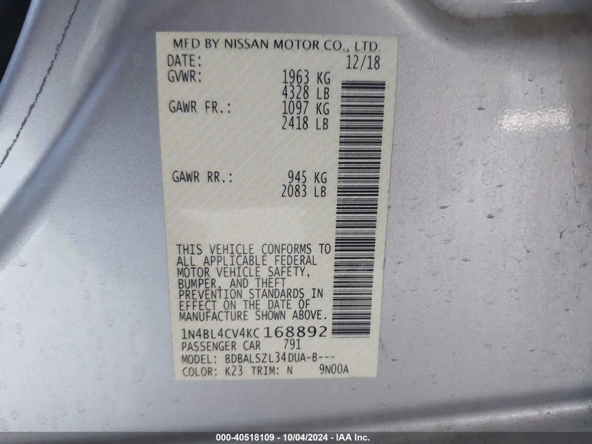 1N4BL4CV4KC168892 2019 Nissan Altima 2.5 Sr