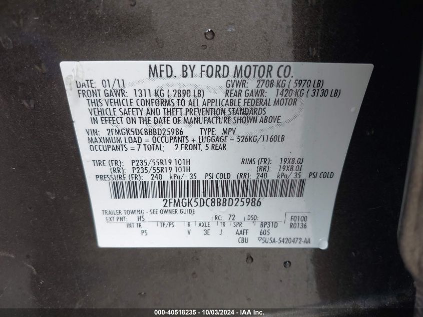 2FMGK5DC8BBD25986 2011 Ford Flex Limited