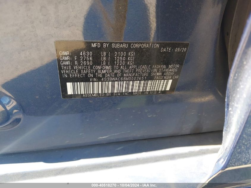 4S3BWAC68M3003651 2021 Subaru Legacy Premium