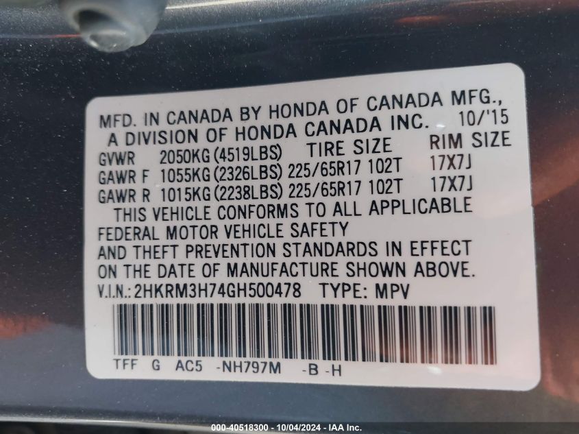 2HKRM3H74GH500478 2016 Honda Cr-V Ex-L