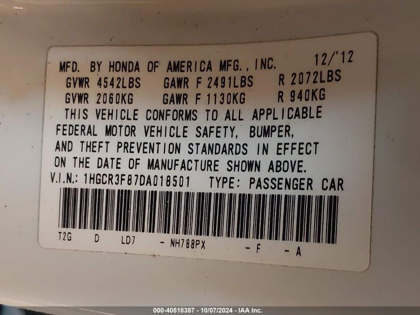 1HGCR3F87DA018501 2013 Honda Accord Exl