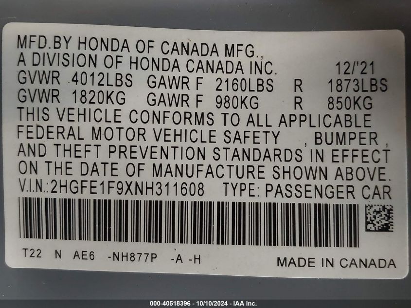 2HGFE1F9XNH311608 2022 Honda Civic Touring