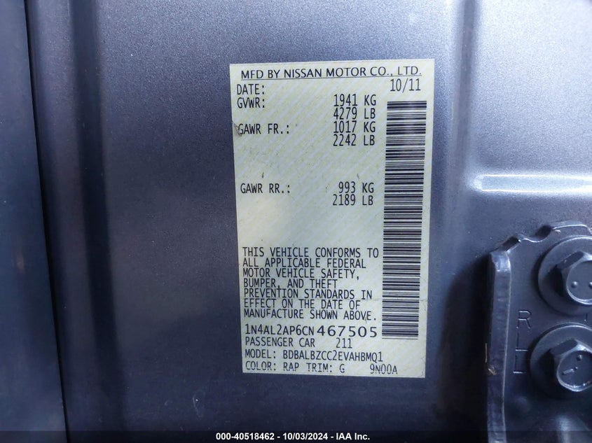 1N4AL2AP6CN467505 2012 Nissan Altima 2.5 S