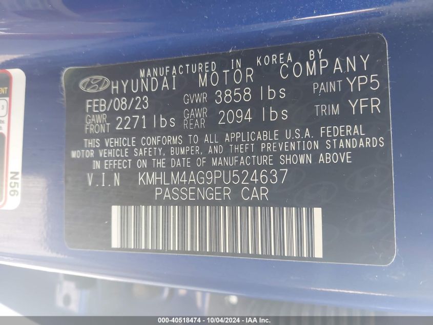 2023 Hyundai Elantra Sel VIN: KMHLM4AG9PU524637 Lot: 40518474