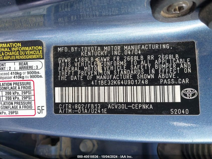 4T1BE32K64U901748 2004 Toyota Camry Le