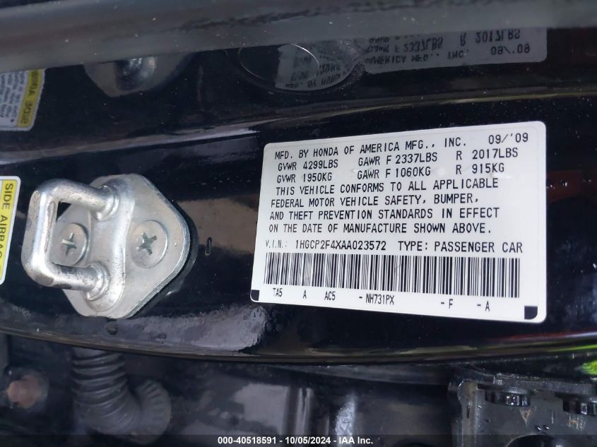 1HGCP2F4XAA023572 2010 Honda Accord 2.4 Lx-P