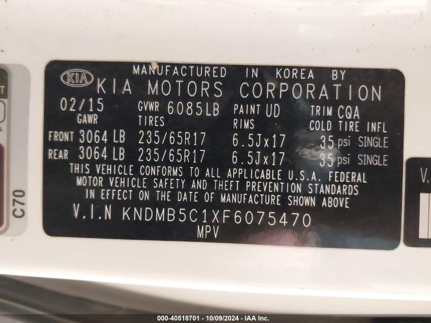 KNDMB5C1XF6075470 2015 Kia Sedona Lx