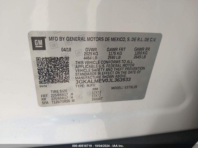 3GKALMEV0JL363933 2018 GMC Terrain Sle