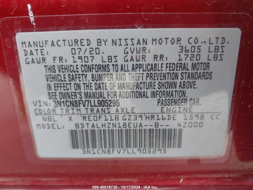 2020 Nissan Versa Sr Xtronic Cvt VIN: 3N1CN8FV7LL905295 Lot: 40518730