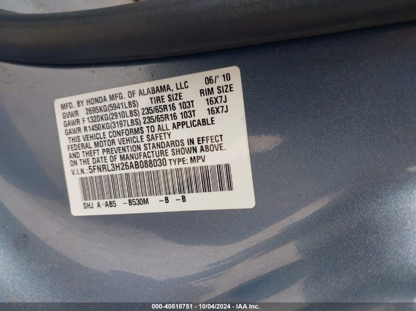 5FNRL3H26AB088030 2010 Honda Odyssey Lx