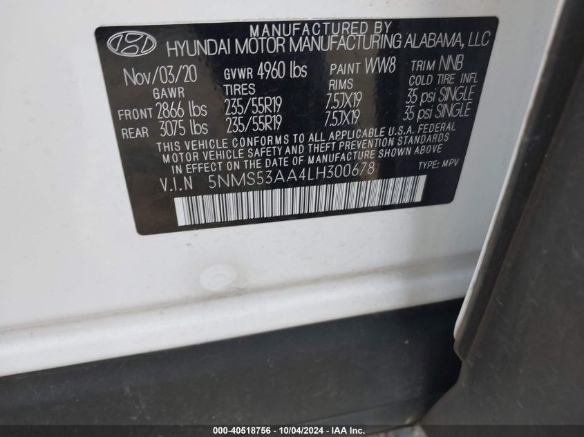 5NMS53AA4LH300678 2020 Hyundai Santa Fe Limited 2.0T