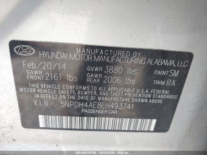 5NPDH4AE8EH493741 2014 Hyundai Elantra Se