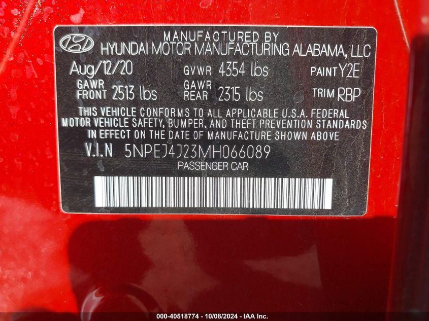 2021 Hyundai Sonata Sel Plus VIN: 5NPEJ4J23MH066089 Lot: 40518774