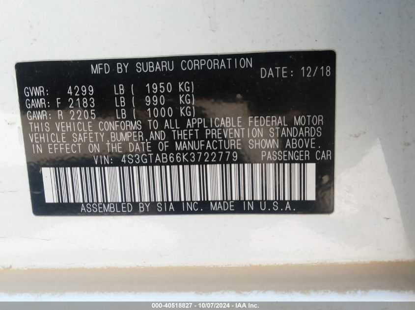 4S3GTAB66K3722779 2019 Subaru Impreza 2.0I