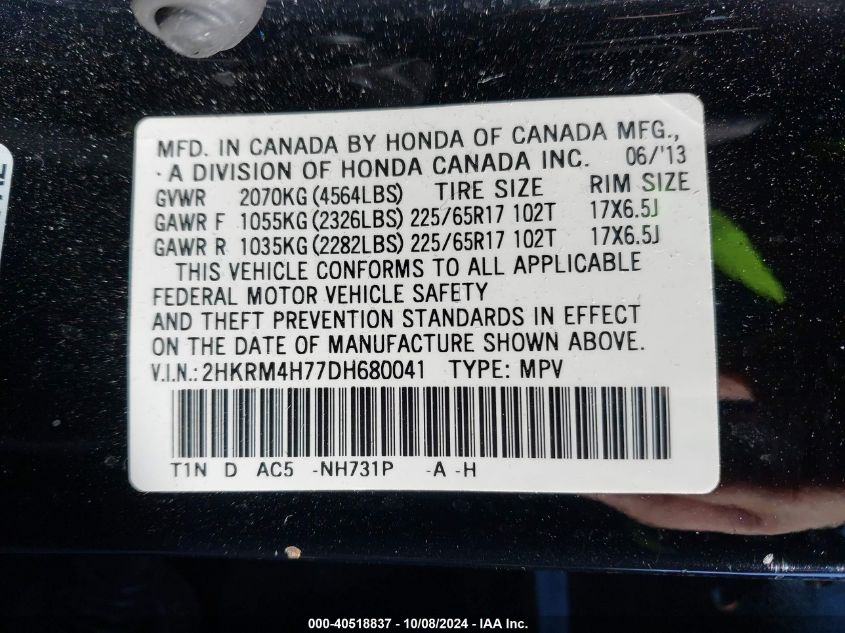 2HKRM4H77DH680041 2013 Honda Cr-V Ex-L