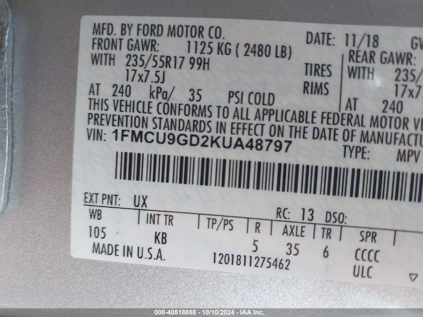 1FMCU9GD2KUA48797 2019 Ford Escape Se