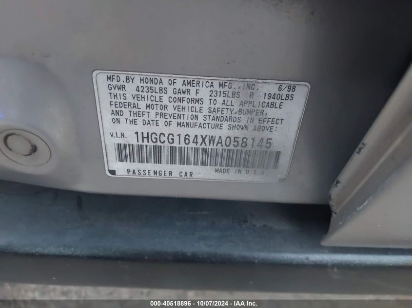 1HGCG164XWA058145 1998 Honda Accord Lx