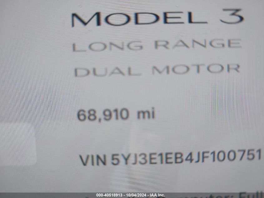 5YJ3E1EB4JF100751 2018 Tesla Model 3 Long Range/Performance