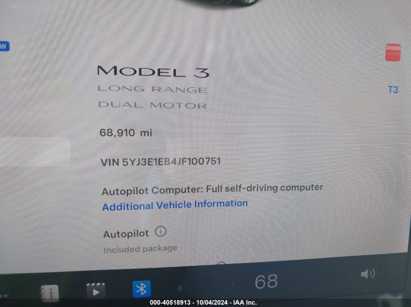 2018 Tesla Model 3 Long Range/Performance VIN: 5YJ3E1EB4JF100751 Lot: 40518913