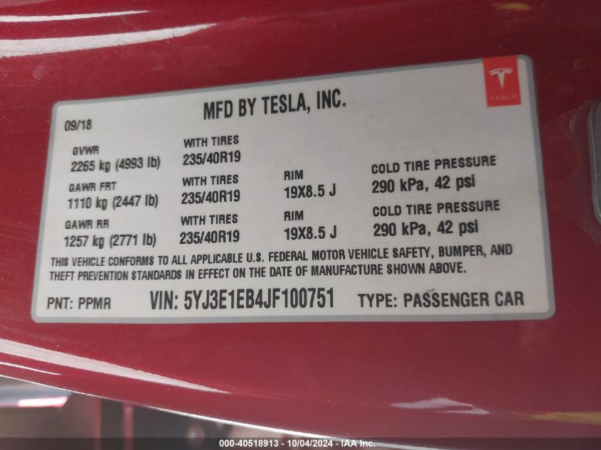 2018 Tesla Model 3 Long Range/Performance VIN: 5YJ3E1EB4JF100751 Lot: 40518913