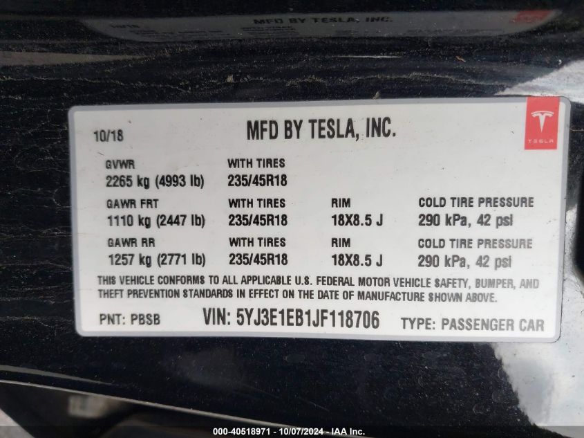 2018 Tesla Model 3 VIN: 5YJ3E1EB1JF118706 Lot: 40518971