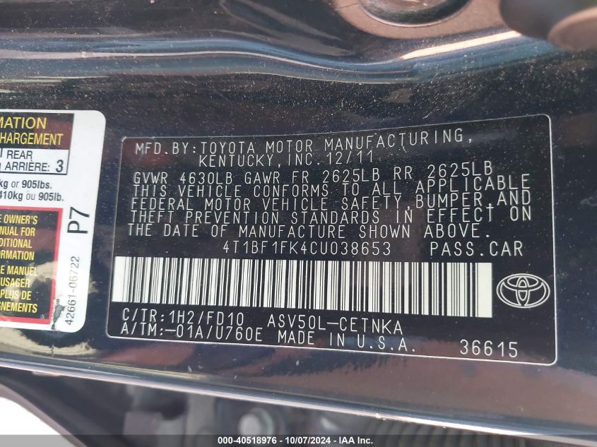 4T1BF1FK4CU038653 2012 Toyota Camry Se/Le/Xle