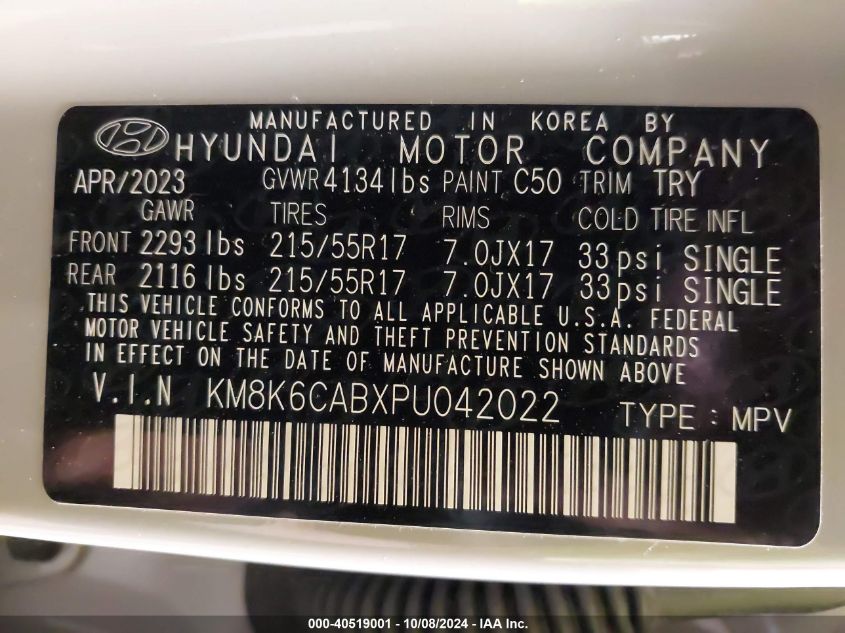 2023 Hyundai Kona Sel VIN: KM8K6CABXPU042022 Lot: 40519001