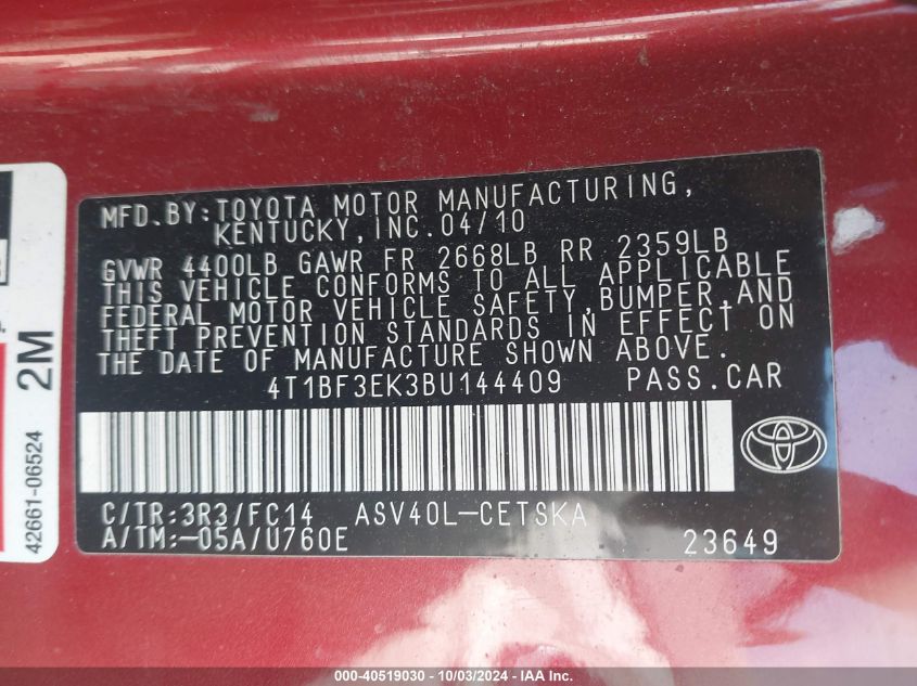 4T1BF3EK3BU144409 2011 Toyota Camry Se