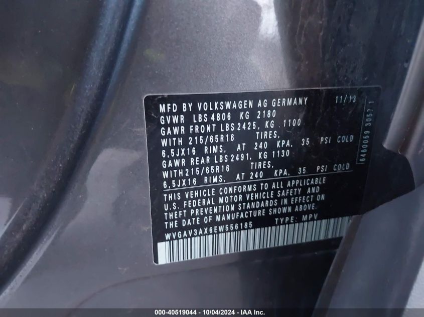 WVGAV3AX6EW556185 2014 Volkswagen Tiguan S