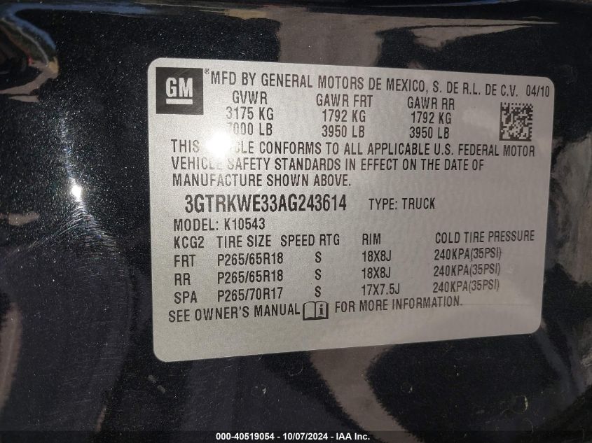 2010 GMC Sierra 1500 Slt VIN: 3GTRKWE33AG243614 Lot: 40519054