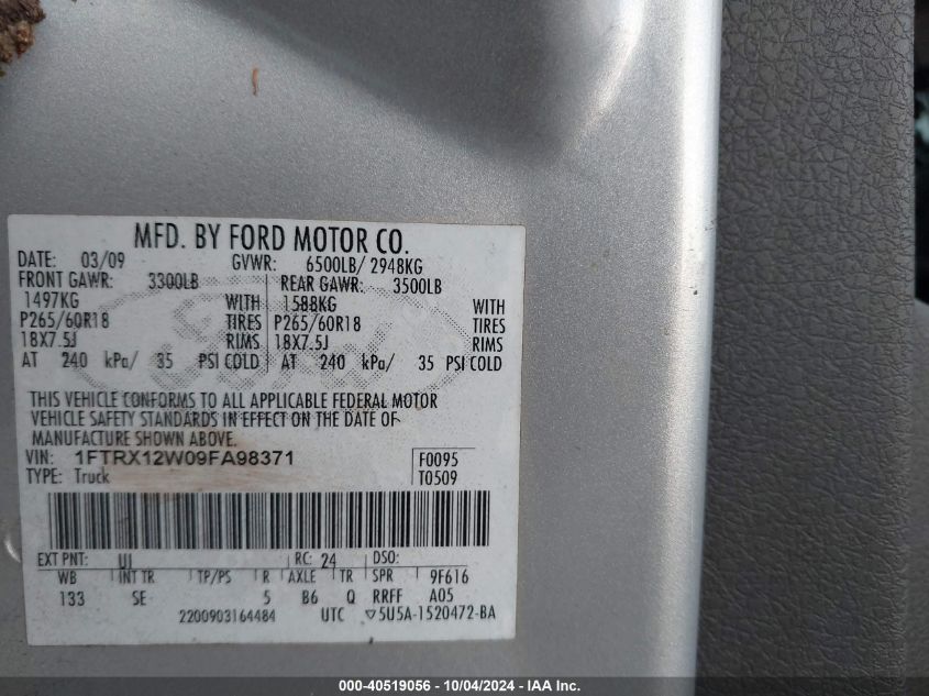 1FTRX12W09FA98371 2009 Ford F-150 Stx/Xl