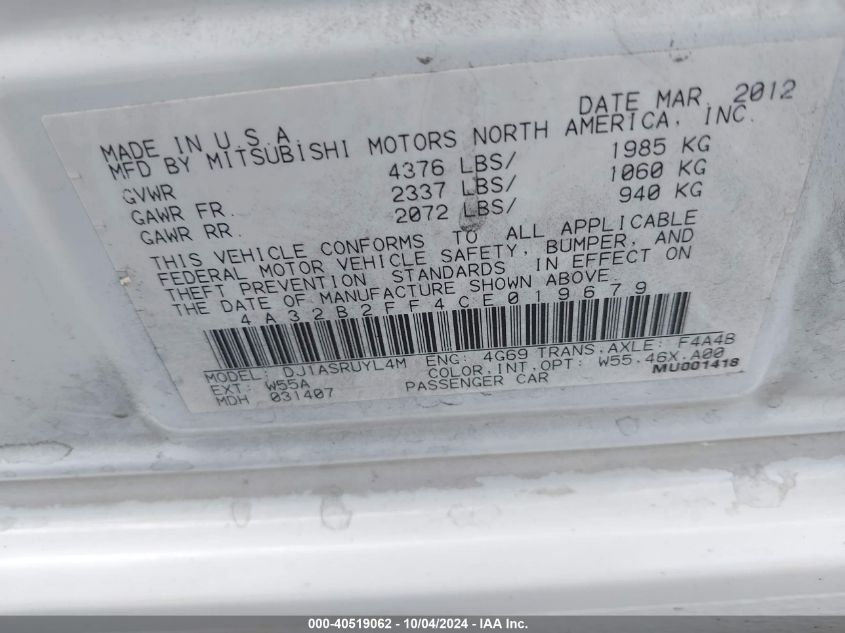 2012 Mitsubishi Galant Fe VIN: 4A32B2FF4CE019679 Lot: 40519062