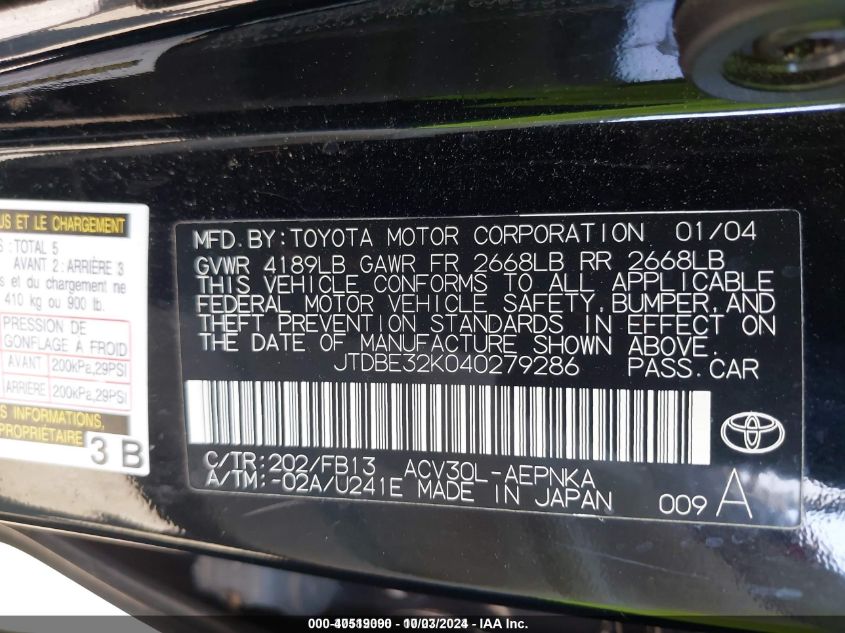 JTDBE32K040279286 2004 Toyota Camry Le