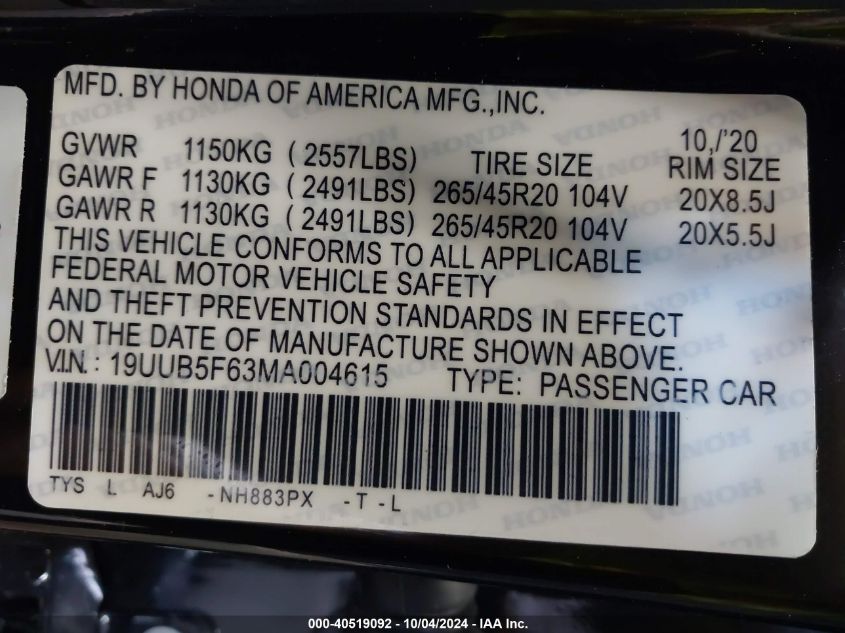 2021 Acura Tlx A-Spec Package VIN: 19UUB6F58MA003666 Lot: 40519092