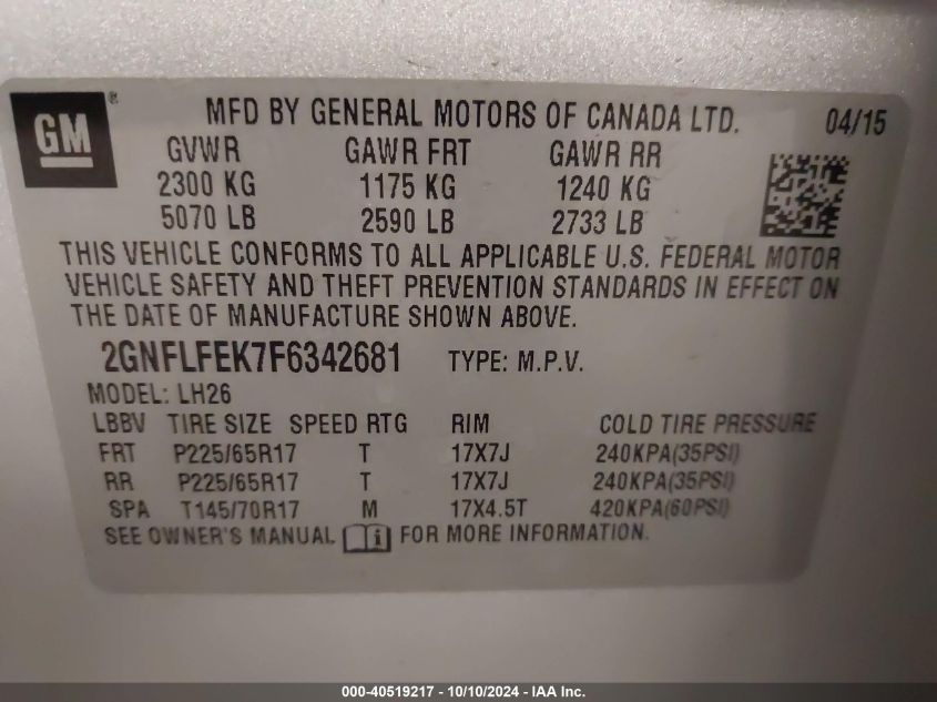 2GNFLFEK7F6342681 2015 Chevrolet Equinox 1Lt